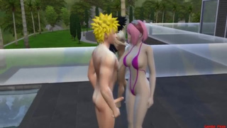 Naruto, Sakura nad their friends enjoy hardcore group sex by the pool