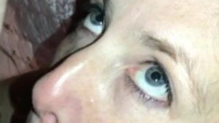 Wife Sucking Pretty Oral MILF Homemade Eye Contact Deepthroat Cock Blue Eyes Blowjob GIF