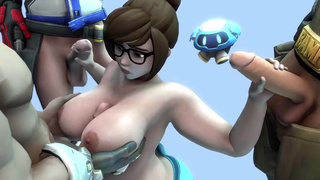 Герои из Overwatch по очереди трахают большие сиськи Mei